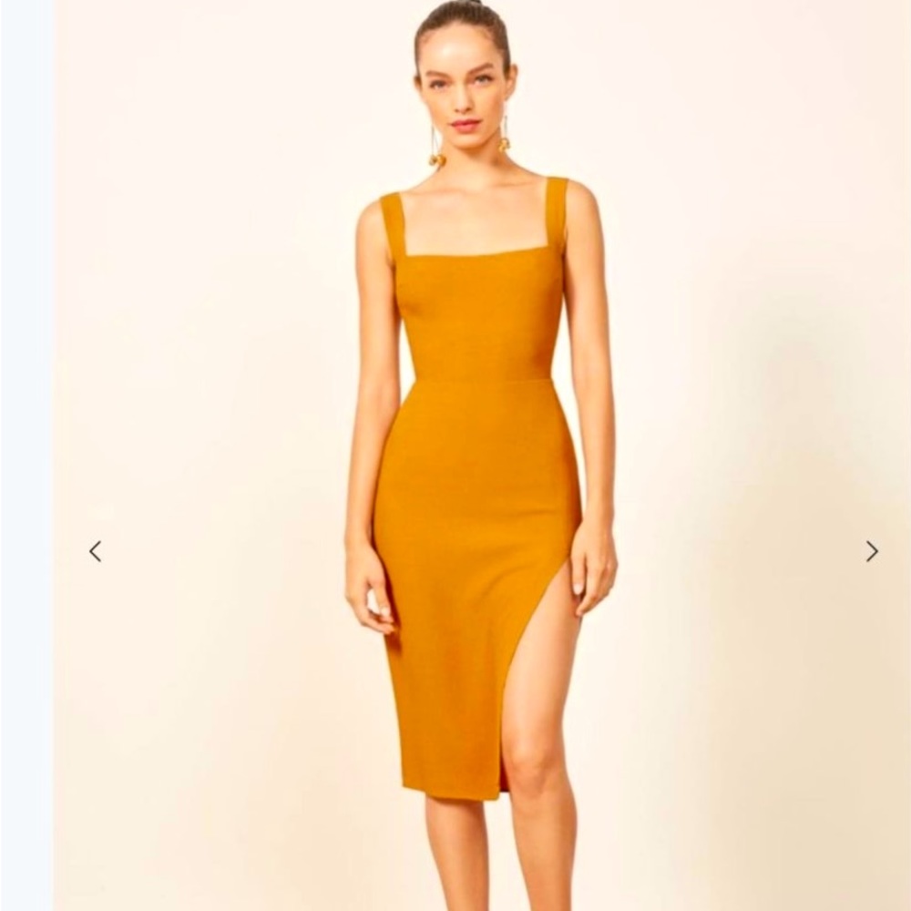 Reformation Marigold Yellow Cristina Square Neck Crepe Dress XS